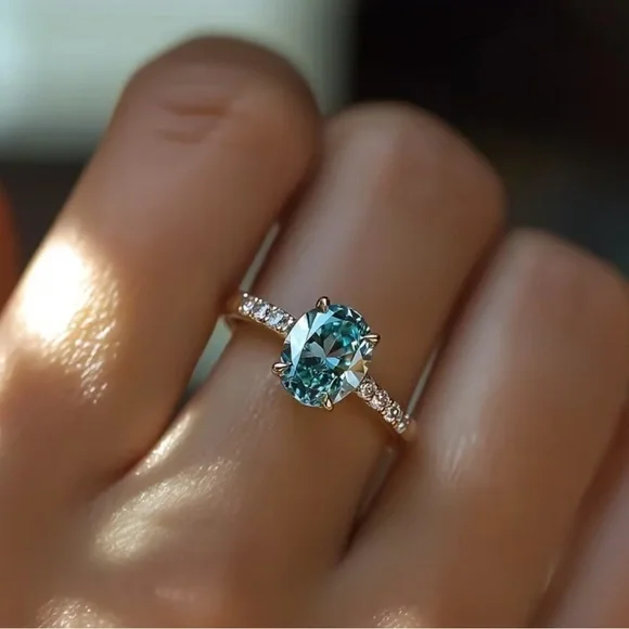 Gold and Aqua Blue Moissanite Gemstone Ring - NEW - SIZE 7 - Picture 2 of 3